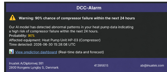 Illustrative DCC alarm email from an internal presentation, showing example probability and prediction-window values.