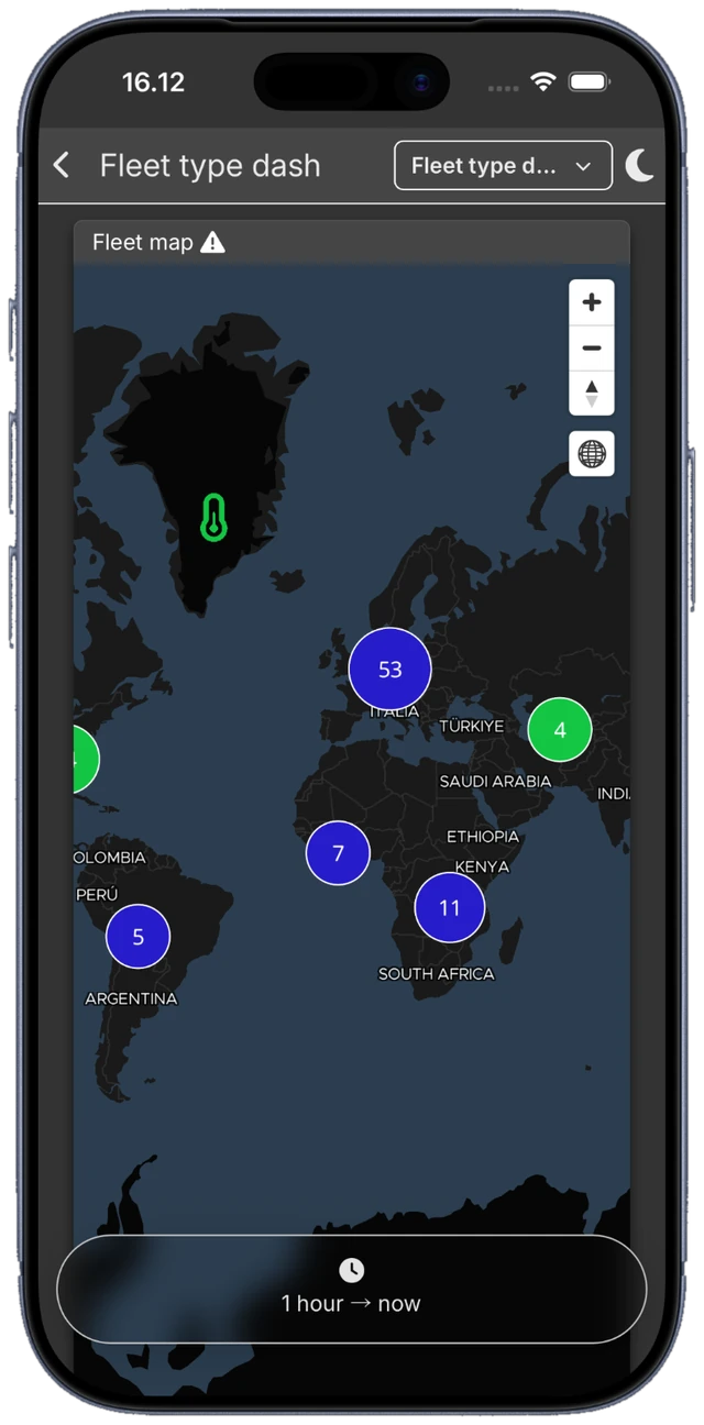 DCC mobile fleet dashboard with machine locations grouped on a world map